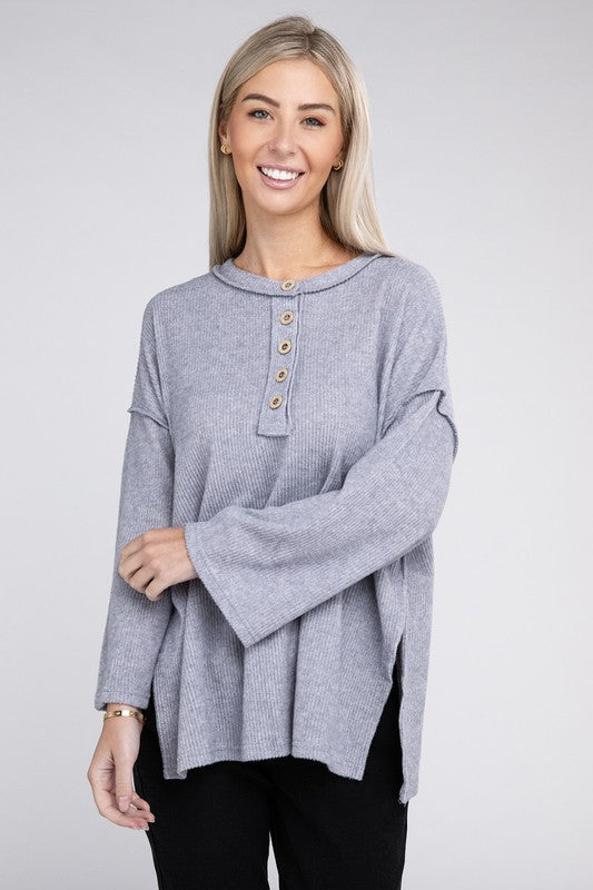 Women's Casual Ribbed Henley Sweater with Bell Sleeves