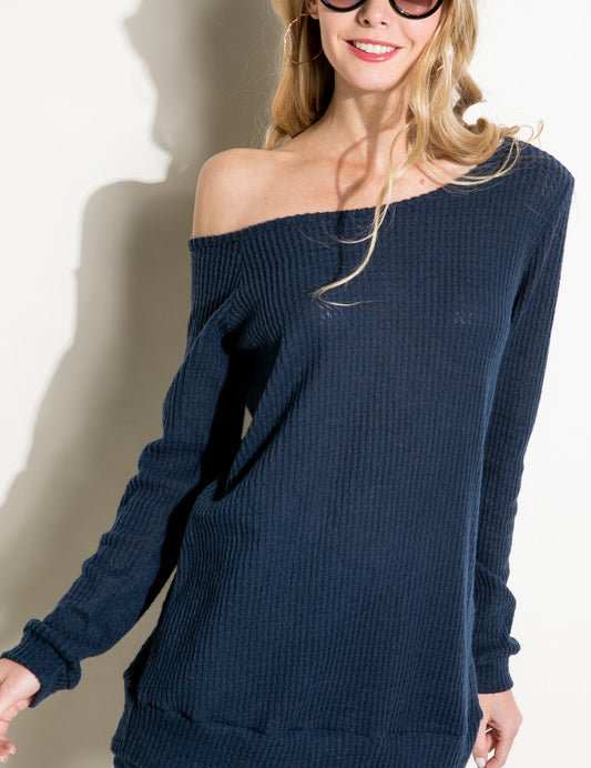 Women's Waffle One Shoulder Long Sleeve Top