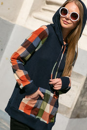 Women's Casual Loose Fit Plaid Mixed Hoodie Sweatshirt