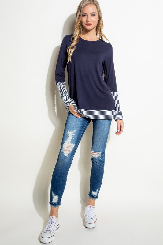 Plus Size Casual Pin Stripe Mixed Long Sleeve Top