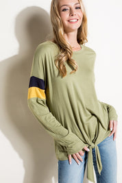 Women's Casual Color Block Front Tie Long Sleeve Top