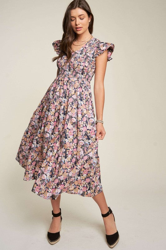 Women's Vintage Floral Flutter Smocking Midi Dress