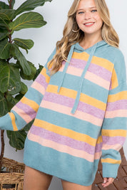 Women's Oversized Multi Stripe Pullover Hoodie Sweater