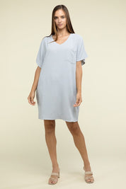 Women's Casual Relaxed V-Neck T-Shirt Dress with Pockets