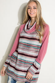 Women's Casual Multi Stripe Turtle Neck Tunic Top