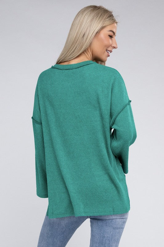 Women's Casual Ribbed Henley Sweater with Bell Sleeves