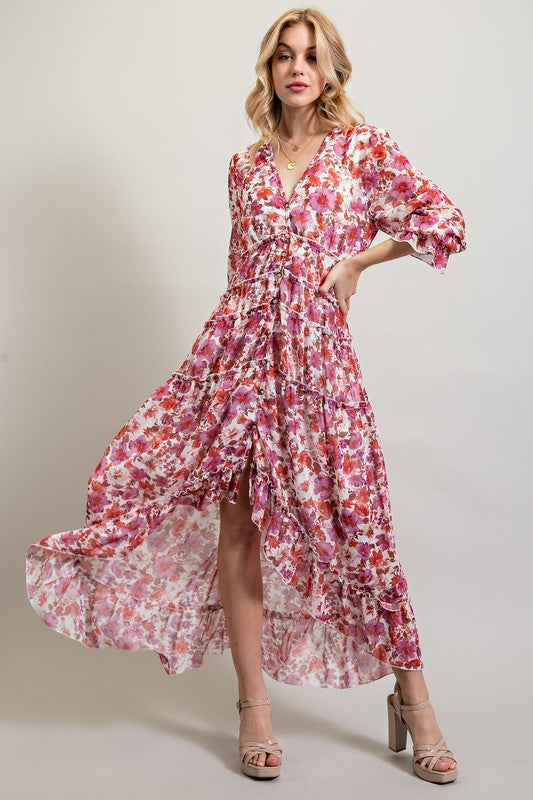 Women's Bohemian Floral High and Low Maxi Dress