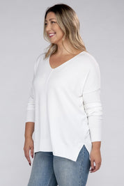 Women's Plus Oversized V-Neck Garment Dyed Sweater