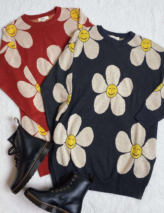 Women's Happy Face Floral Print Knit Sweater Dress