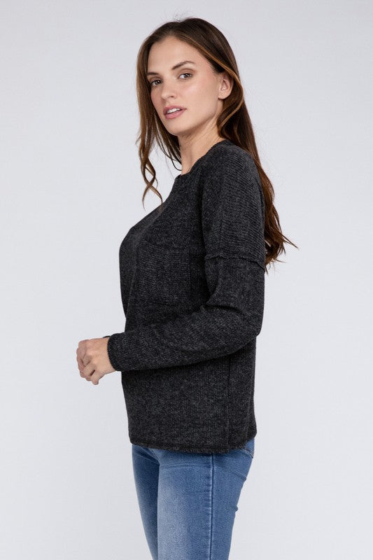 Women's Oversized Ribbed Melange Hacci Sweater with Pocket