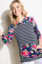 Women's Stripe Floral Mix Hoodie Top