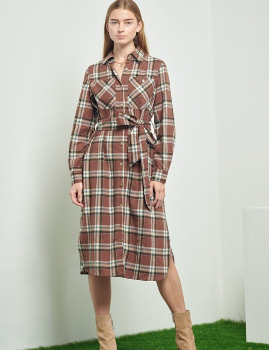 Women's Belted Plaid Print Long Shirt Dress