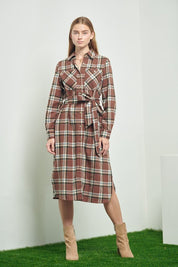 Women's Belted Plaid Print Long Shirt Dress