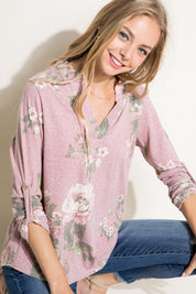 Women's Casual Floral Split Neck Long Sleeve Top