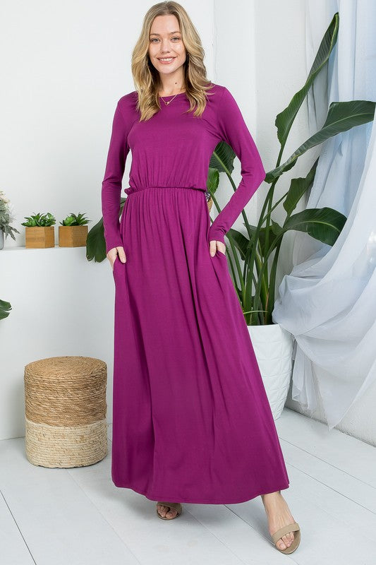 Women's Relaxed Fit Solid Elastic Waist Maxi Dress