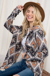 Women's Plus Oversized Fuzzy Aztec Button Down Shacket