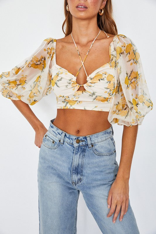 Women's Chic Floral Chiffon Balloon Sleeved Bustier Crop Top