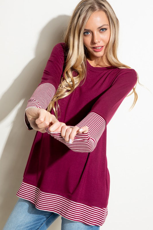 Plus Size Casual Pin Stripe Mixed Long Sleeve Top