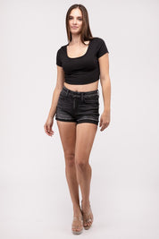 Women's Fitted Washed Black Cuffed Denim Shorts