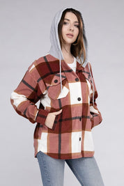 Women's Casual Hooded Plaid Fleece Shacket