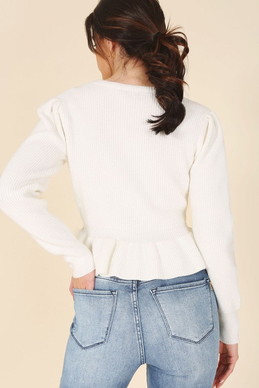 Women's Puff Sleeve Peplum Sweater Top