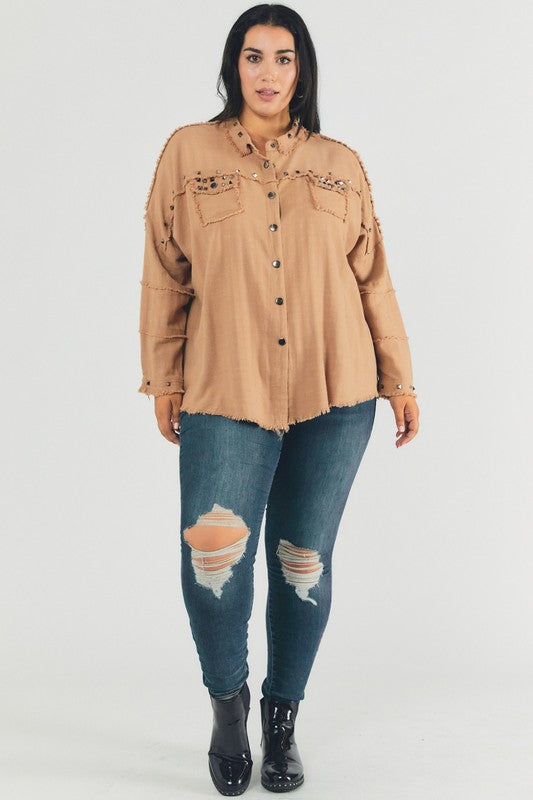 Plus Size Oversized Distressed Hem Button-Down Shirt