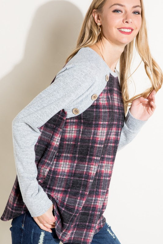 Women's Casual Plaid Mixed Button Detail Long Sleeve Top