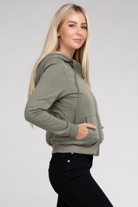 Fuzzy Trim Zip-Up Crop Hoodie