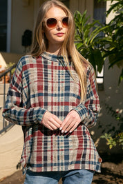 Women's Oversized Plaid Mock Neck Top with Side Buttons