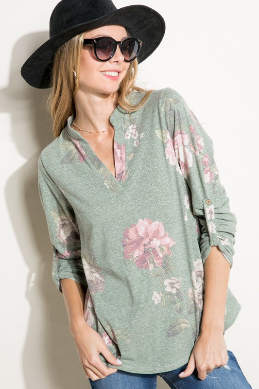 Women's Casual Floral Split Neck Long Sleeve Top