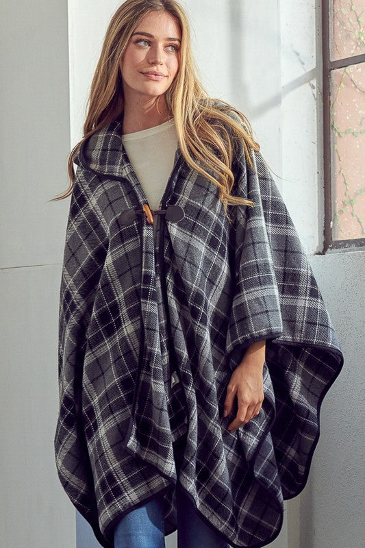 Women's Casual Plaid Toggle Cloak Poncho