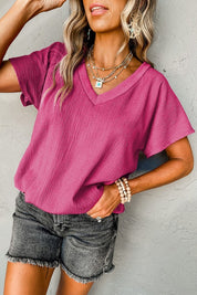 Women's Bright Pink Wide Sleeve Crinkled V Neck T-shirt