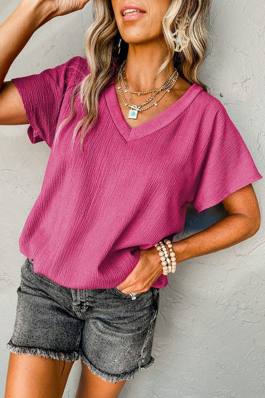 Women's Bright Pink Wide Sleeve Crinkled V Neck T-shirt