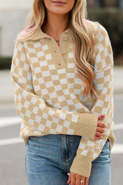 Checkered Buttons V Neck Drop Shoulder Sweater