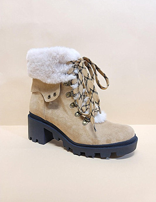 Women's Casual Faux Fur Block Heel Combat Booties