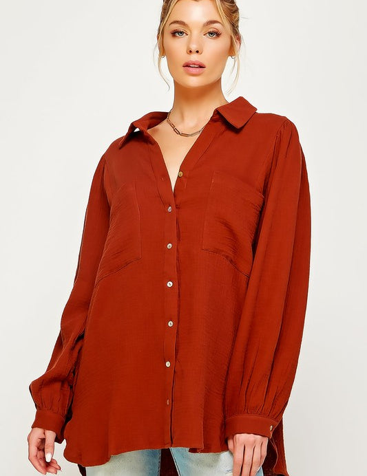 Women's Textured Gauze Button Down Blouse Top