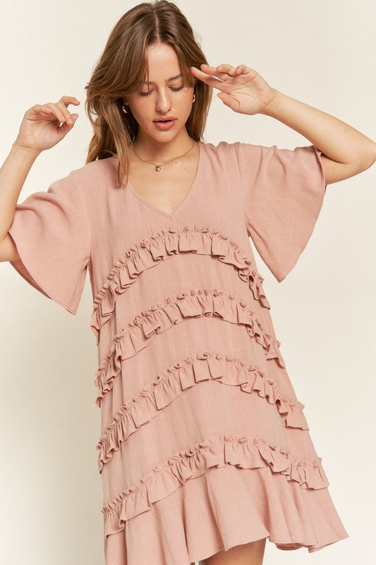 Women's Tiered Ruffle Mini Dress with Flare Sleeves