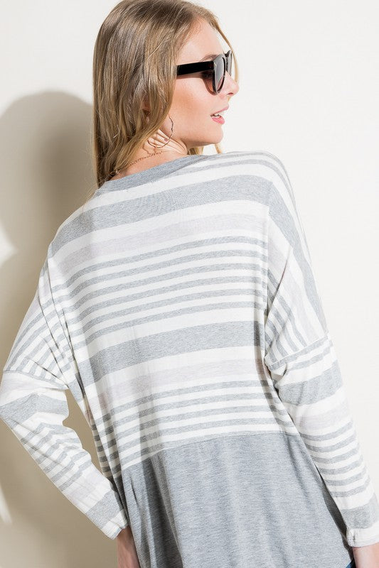 Women's Loose Fit Stripe and Solid Long Sleeve Top