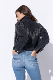 Women's Loose Fit Crop Denim Jacket with Rhinestone Fringe