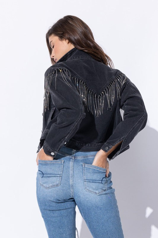 Women's Loose Fit Crop Denim Jacket with Rhinestone Fringe