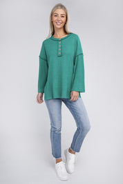 Women's Casual Ribbed Henley Sweater with Bell Sleeves