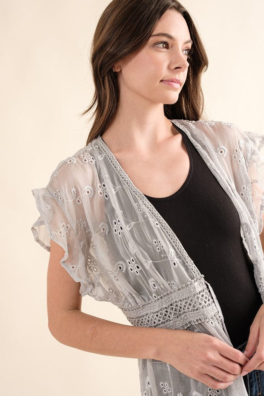 Women's Chiffon Embroidery Lace Kimono Duster Cardigan