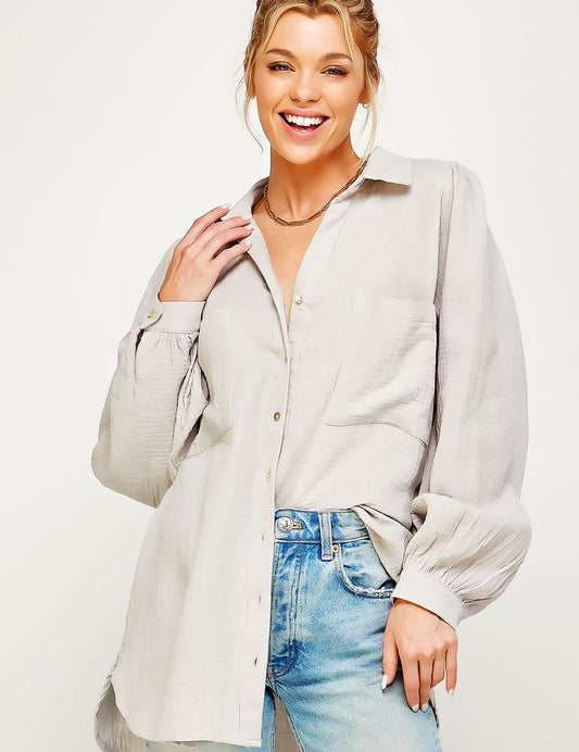 Women's Textured Gauze Button Down Blouse Top