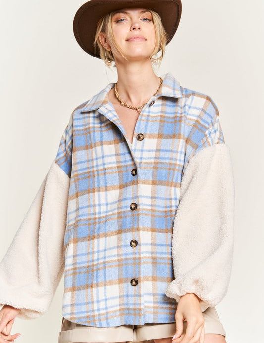 Women's Multi Plaid Teddy Sleeve Jacket