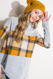 Women's Casual Loose Fit Plaid Mixed Turtle Neck Top