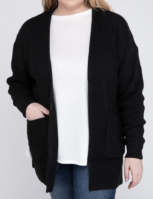 Plus Low Gauge Waffle Open Cardigan Sweater