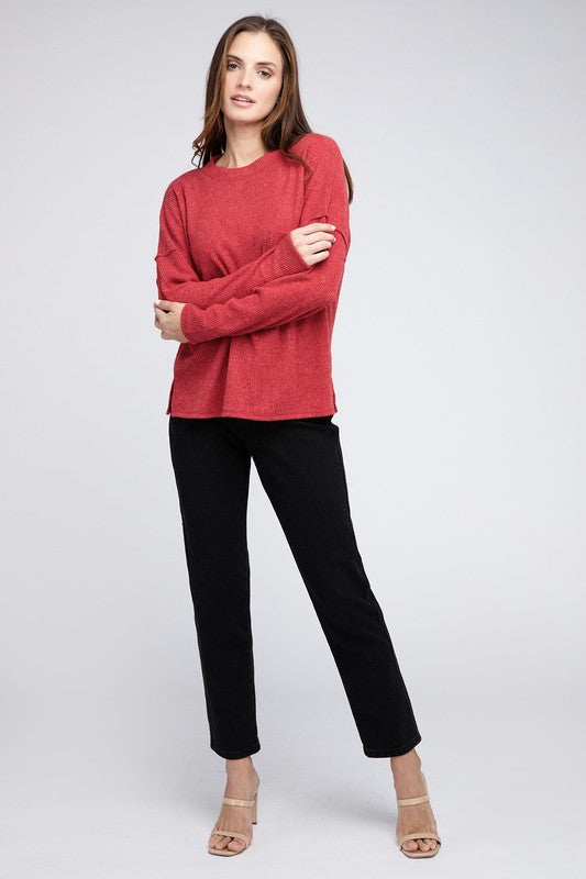 Women's Oversized Ribbed Melange Hacci Sweater with Pocket