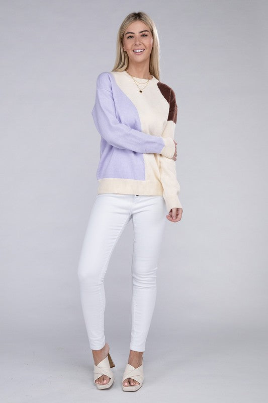 Women's Color Block Long Sleeve Pullover Sweater