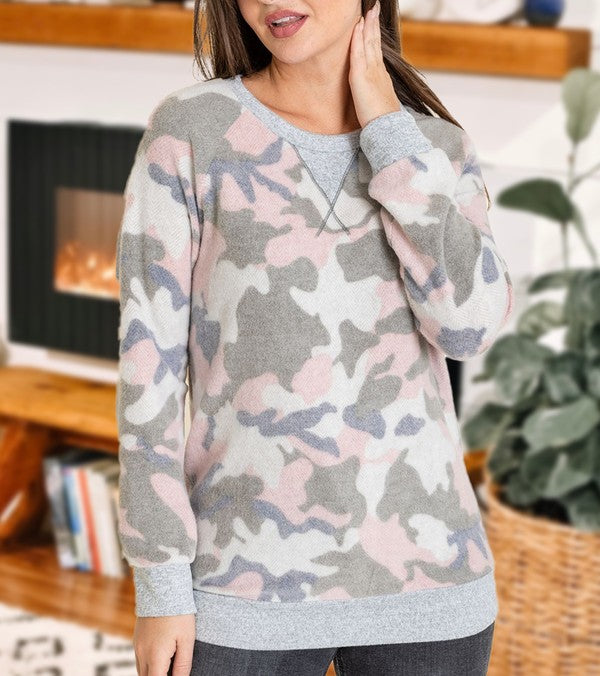 Women's Camo Brushed Pullover with Raglan Sleeves