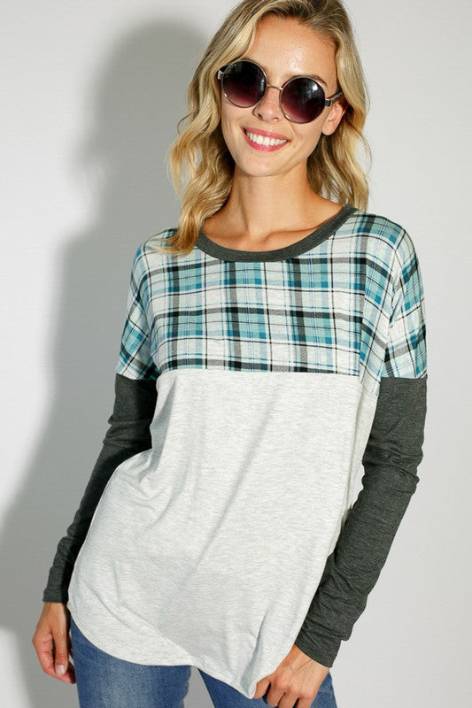 Women's Casual Plaid Colorblock Long Sleeve Top